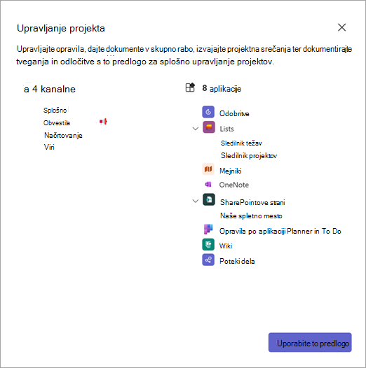 Posnetek zaslona, na katerem so prikazane podrobnosti predloge skupine