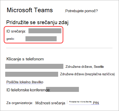 Posnetek zaslona, ki prikazuje, kje najdete ID srečanja in geslo na povabilo na srečanje.