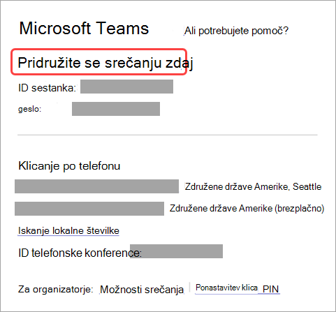 Posnetek zaslona, ki prikazuje, kako se pridružite srečanju s povabilom.