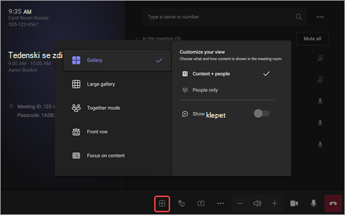 Posnetek zaslona, ki prikazuje, kako spremenite pogled v sistemu Android v konferenčna soba Microsoft Teams