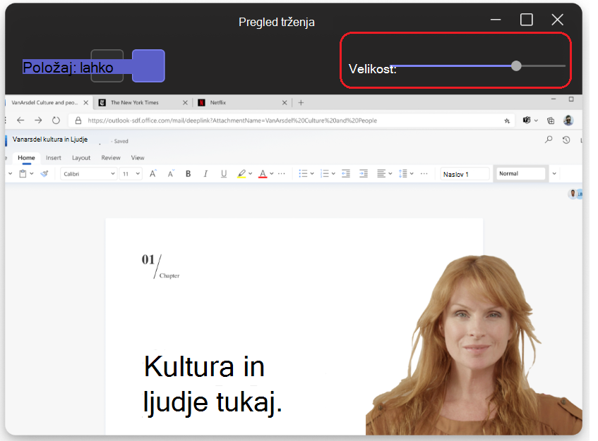 Slika, ki prikazuje drsnik za velikost na vrhu strani v načinu predstavitelja.