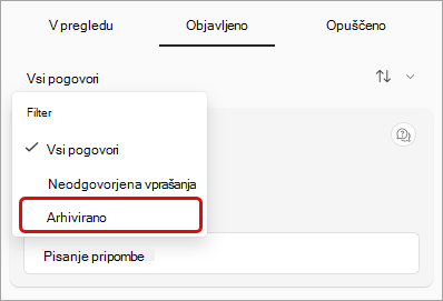 Posnetek zaslona spustnega menija filtrov Q&A z označeno možnostjo arhivirano.