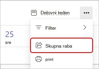 Posnetek zaslona, na katerem je označena možnost skupne rabe v koledarju aplikacije Teams.