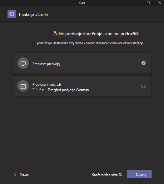 Pojavno okno, v katerem lahko izberete, ali želite samo predvajati ali predvajati in se pridružiti srečanju.