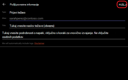 Pošiljanje povratnih informacij ali prijava težave