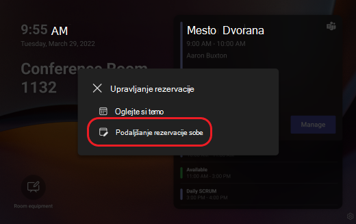 stenska plošča za aplikacijo Teams podaljša rezervacijo sobe