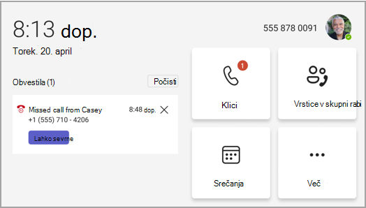 Začetni zaslon telefona Teams