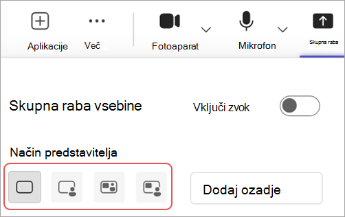 Posnetek zaslona, na katerem so označeni različni načini predstavitelja v kontrolnikih srečanja v aplikaciji Microsoft Teams.