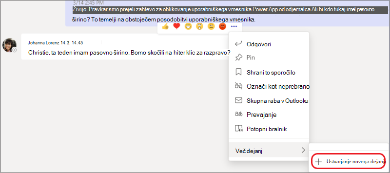 Meni Več možnosti z označenim podmenijem Ustvari novo dejanje.