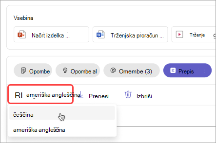 Posnetek zaslona, ki prikazuje, kako spremenite jezik prepisa v povzetku sestanka.