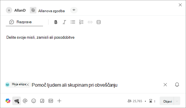 Posnetek zaslona, ki prikazuje, kje je storitev »Moja skupina« predstavljena v novem napovedu zgodbe
