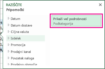 Gumb »Prikaži na ravni z več podrobnostmi« v polju »Razišči«