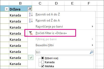 Gumb »Počisti filter od«