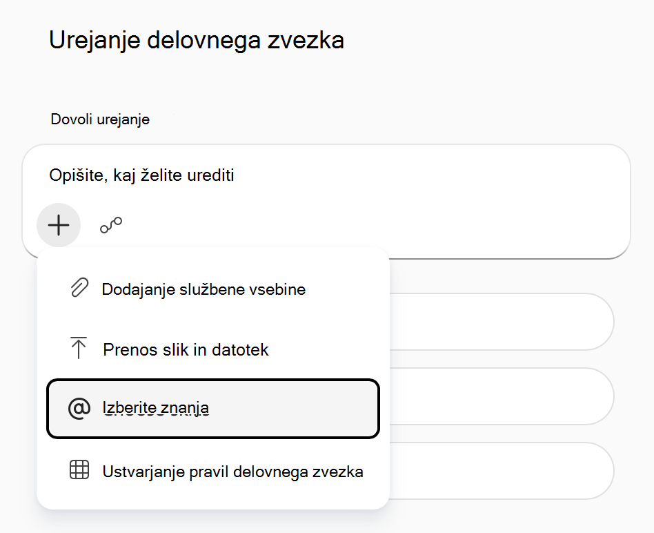Posnetek zaslona menija »Dodaj delovno vsebino« storitve Copilot v Excelu z označeno možnostjo »Izberite spretnosti«.