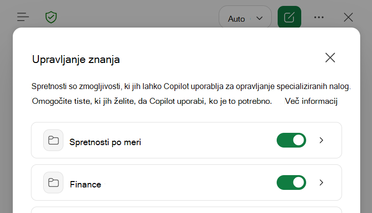 Posnetek zaslona storitve Copilot v pogovornem oknu za upravljanje znanj v Excelu.