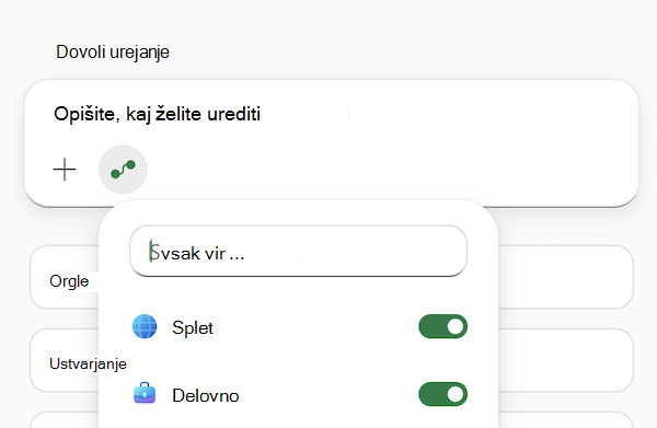 Posnetek zaslona polja poziva za Copilot v Excelu z odprtim menijem Izbira virov.