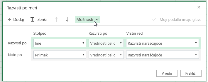 Pogovorno okno z razvrstitvijo po meri z izbranim izbirnim gumbom