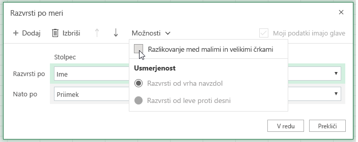 Pogovorno okno »Razvrščanje« po meri, ko je izbrana možnost »občutljivo«