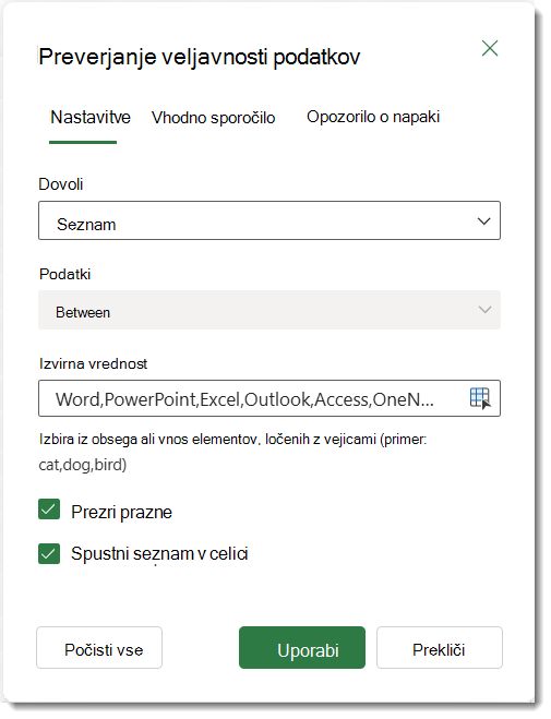 Nastavitve preverjanja veljavnosti podatkov