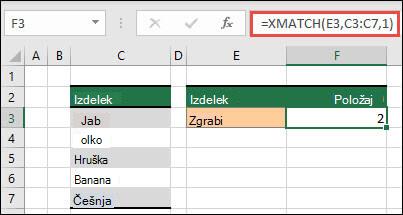 Excelova tabela, v kateri so navedeni različni sadni izdelki od celice C3 do C7. Formula XMATCH se uporablja za iskanje mesta v tabeli, kjer se besedilo ujema z besedo gra (določeno v celici E3). Formula vrne 2 kot besedilo Grape je na drugem mestu tabele.