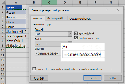 Možnosti seznama za preverjanje veljavnosti podatkov
