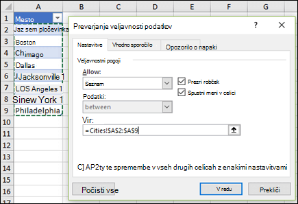 Izbira vira preverjanja veljavnosti podatkov