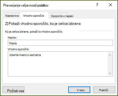 Možnost vnosa sporočila za preverjanje veljavnosti podatkov