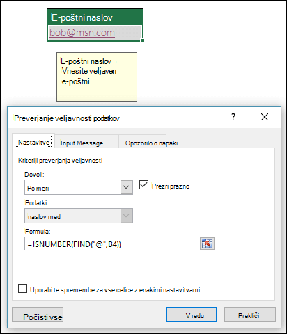 Primer preverjanja veljavnosti podatkov, ki zagotavlja, da e-poštni naslov vsebuje simbol @