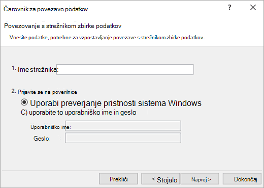 Čarovnik za podatkovno povezavo zaslon 1