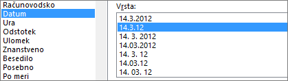 Pogovorno okno »Oblikovanje celic«, ukaz »Datum«, vrsta 14.03.12, 1:30 PM
