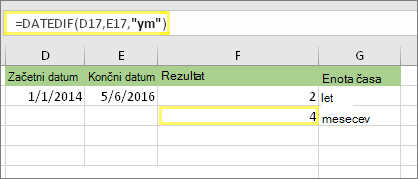 =DATEDIF(D17,E17,ym) in rezultat: 4