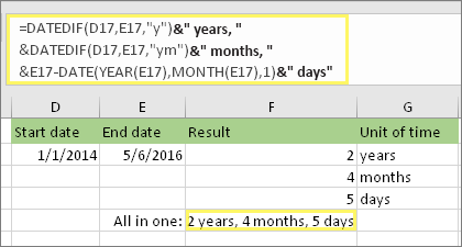 =DATEDIF(D17,E17,y)& let, &DATEDIF(D17,E17,ym)& mesecev, &DATEDIF(D17,E17,md)& dni in rezultat: 2 leti, 4 meseci, 5 dni