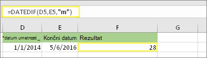 =DATEDIF(D5,E5,m) in rezultat: 28