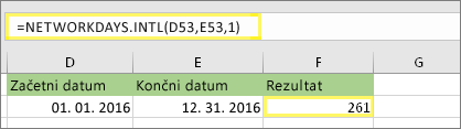 =NETWORKDAYS. INTL(D53,E53,1) in rezultat: 261