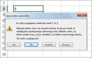 Opozorilno sporočilo je označilo neveljavne podatke