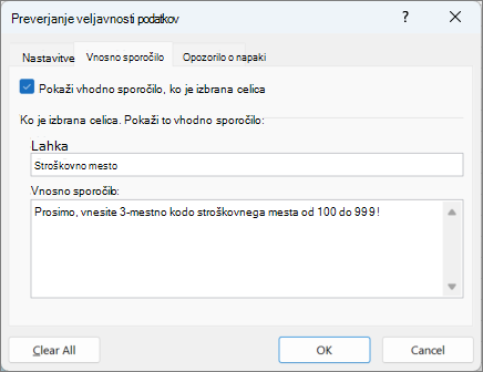 Nastavitve vnosa sporočil v pogovornem oknu Preverjanje veljavnosti podatkov