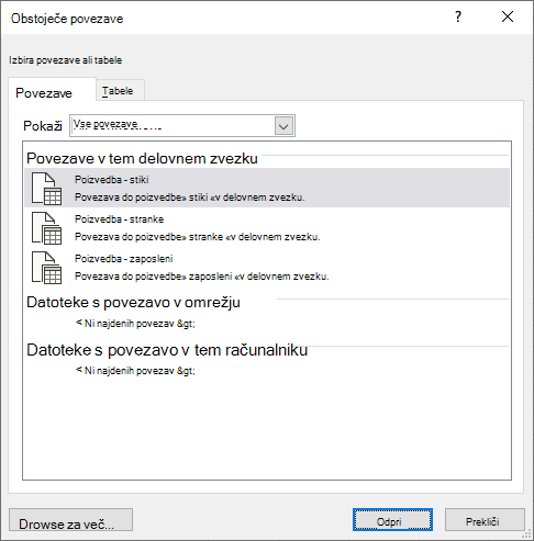V pogovornem oknu »Obstoječi Connectios« v Excelu je prikazan seznam virov podatkov, ki se trenutno uporabljajo v delovnem zvezku