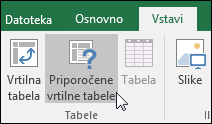 Pojdite na Vstavljanje > priporočenih vrtilnih tabel, če želite, da Excel ustvari vrtilno tabelo za vas