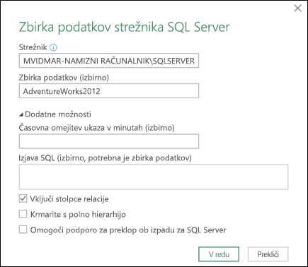 Pogovorno okno za vzpostavljanje povezave z zbirko podatkov strežnika Power Query SQL Server