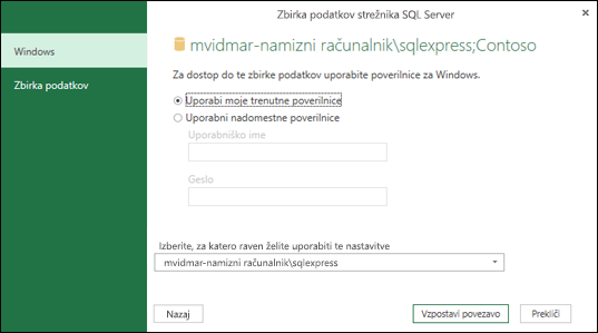 Poverilnice za prijavo za vzpostavljanje povezave s strežnikom Power Query SQL Server