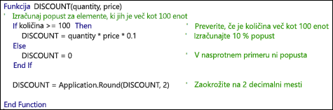 Primer funkcije VBA s komentarji