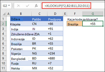Primer funkcije XLOOKUP, ki se uporablja za vrnitev imena zaposlenega in oddelka na podlagi ID-ja zaposlenega. Formula je =XLOOKUP (B2, B5: B14, C5: C14)