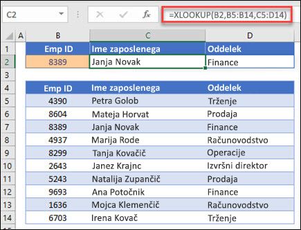 Primer funkcije XLOOKUP, ki se uporablja za vrnitev imena zaposlenega in oddelka na podlagi IDt zaposlenega. Formula je: =XLOOKUP(B2,B5:B14;C5:D14;0;1)