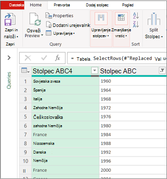 Običajen pogled urejevalnika Power Query
