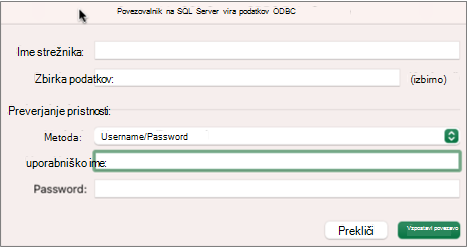 Pogovorno okno SQL Server za vnos strežnika, zbirke podatkov in poverilnic