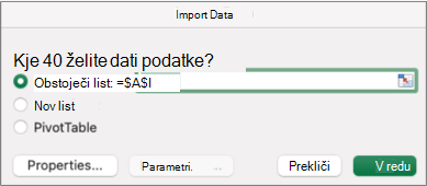Pogovorno okno za uvoz podatkov, s katerim poiščete podatke