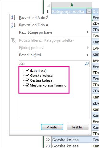 Filtrirajte z izbiranjem elementov na seznamu