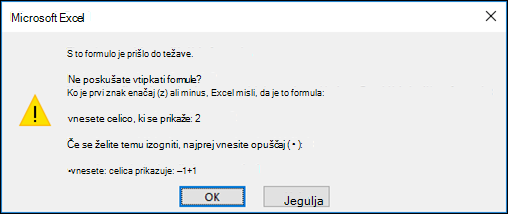 Slika Excelovega pogovornega okna »Težava s to formulo«
