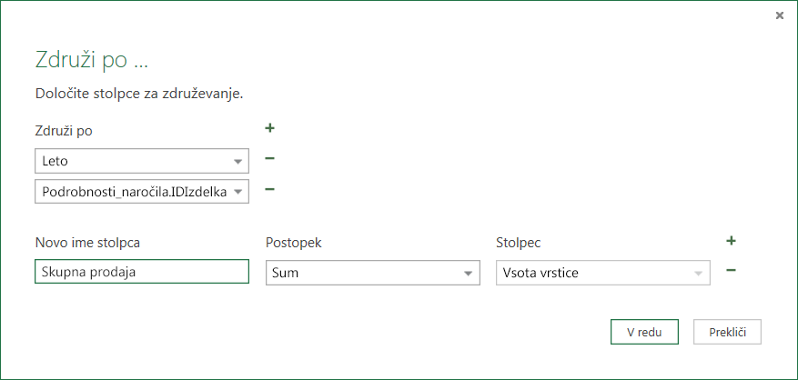 Pogovorno okno »Združi po« za postopke združevanja