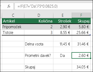 Formula v celici F7 je IF(E7=Da,F5*0.0825,0)